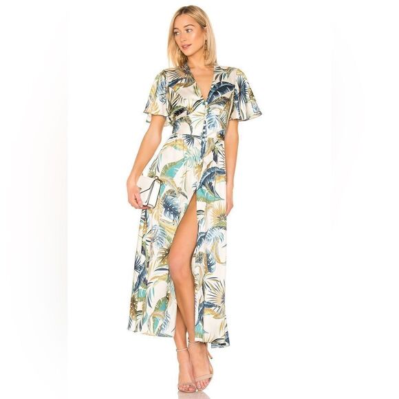 Petersyn Dresses & Skirts - Petersyn Tayla Tropical Satin Belted Midi Dress Size Medium